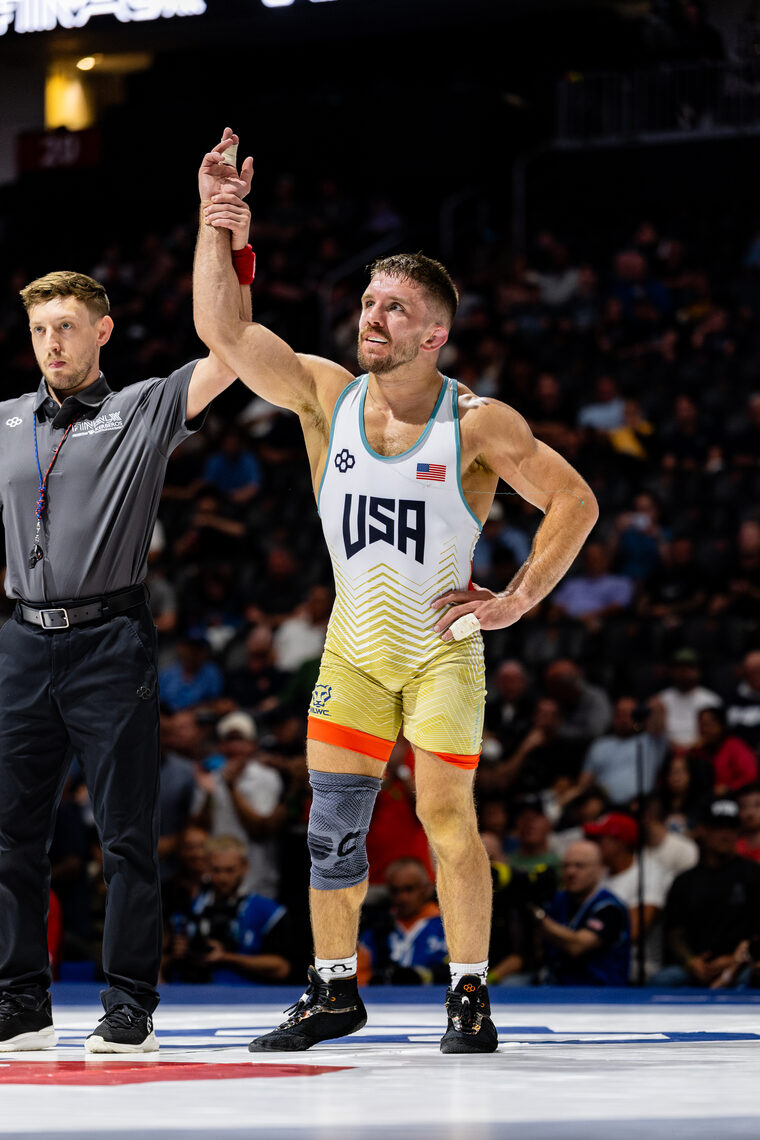 USA wrestler gets his hand raised after a win at the 2026 Final X in Newark